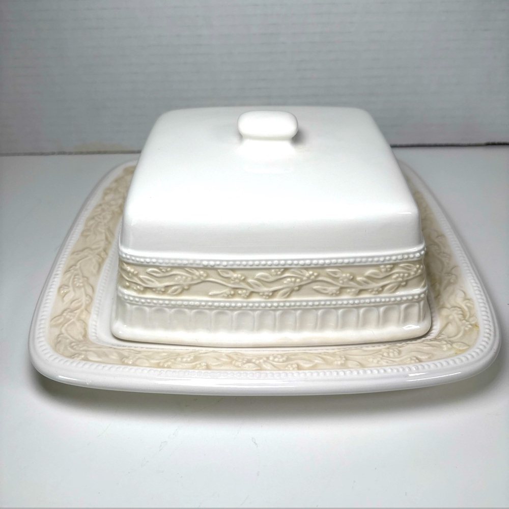 Lourdes Signature Square Lidded Butter Dish Off White And Tan Discontinued